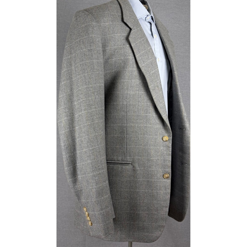 Vintage Bespoke Grey Herringbone Windowpane Check Wool Blazer Sport Coat 42L